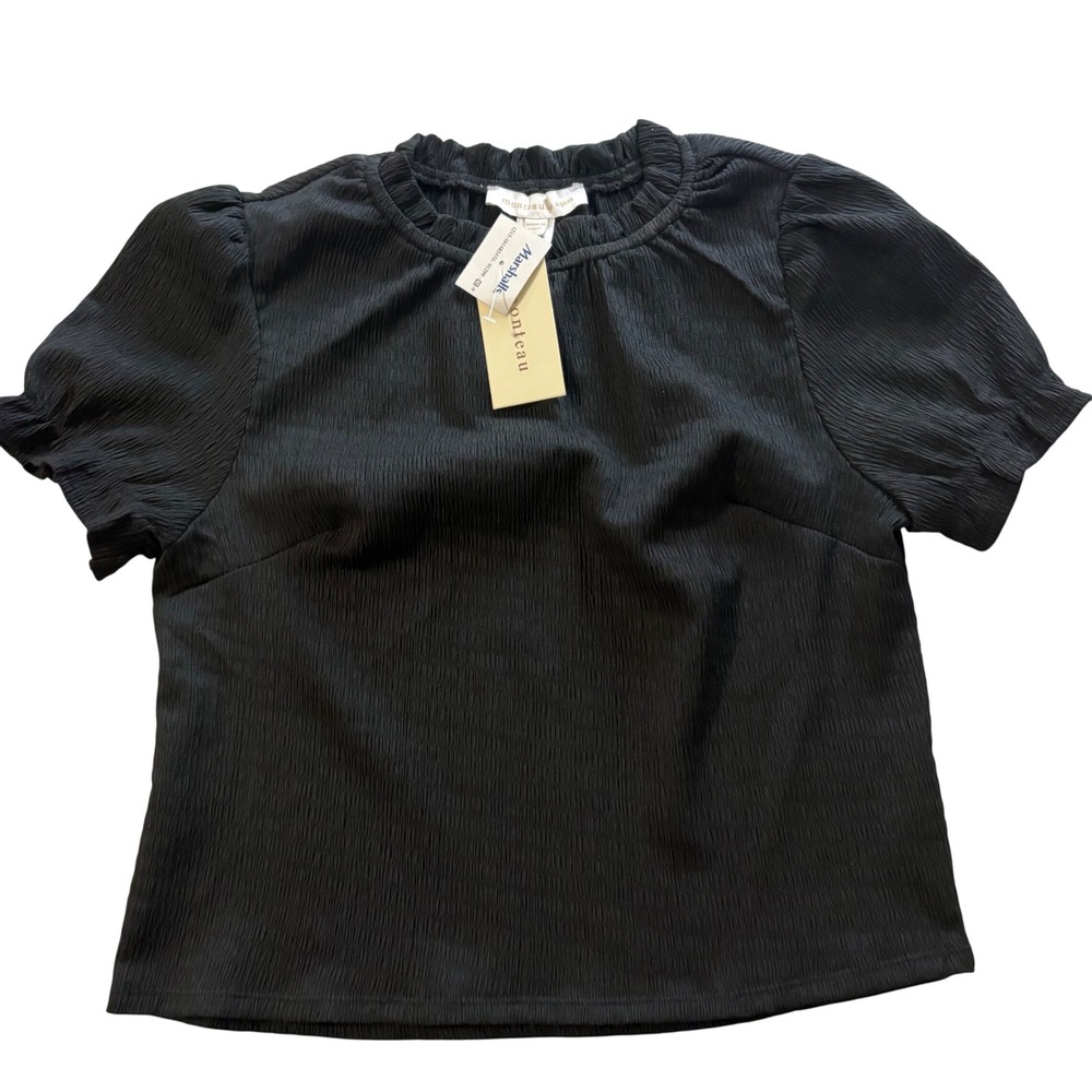 Monteau Los Angeles Black Textured Plisse Ruffle Neck Puff Sleeve Blouse Small